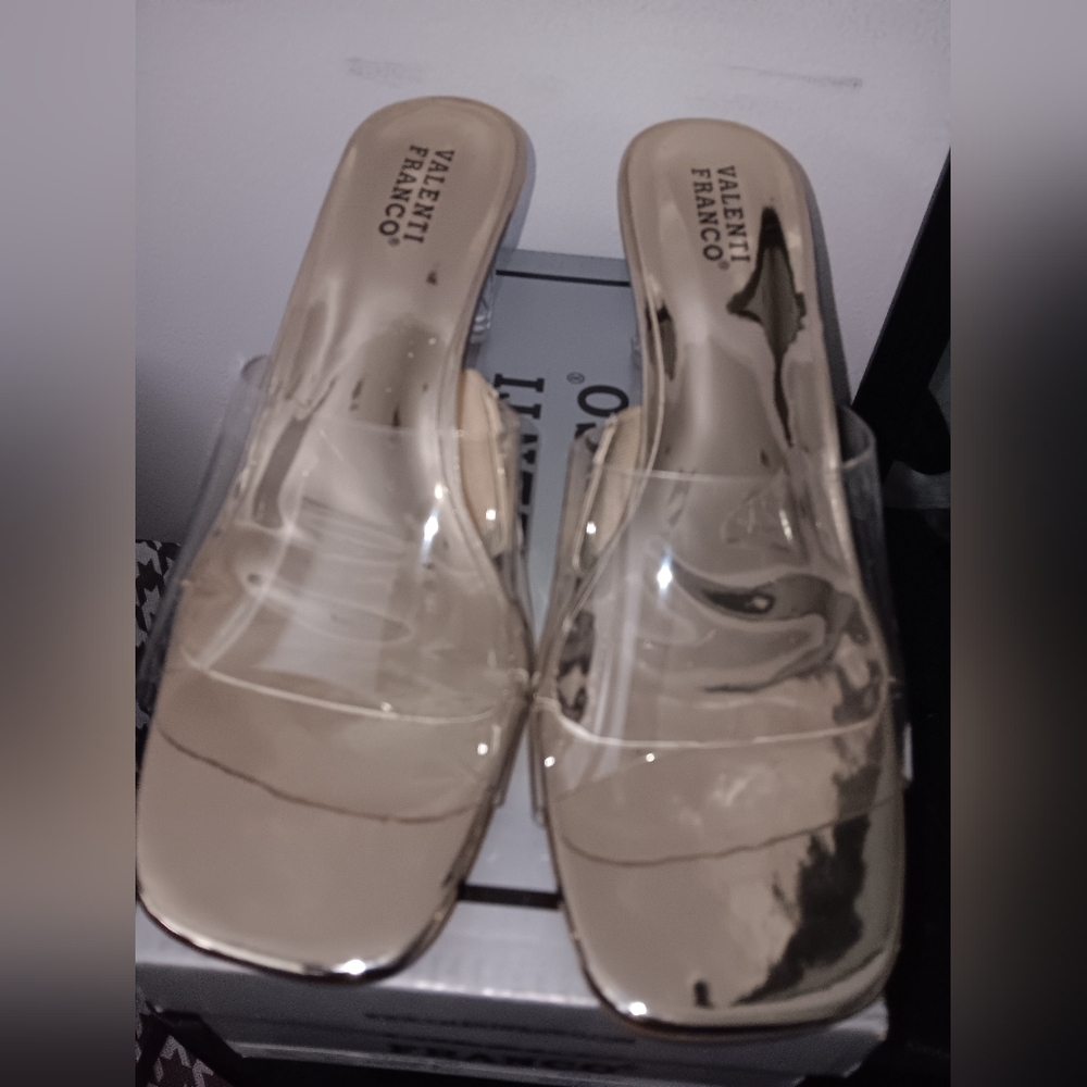 NEW Valenti Franco Clear GOLD Mules Sleek Modern Design